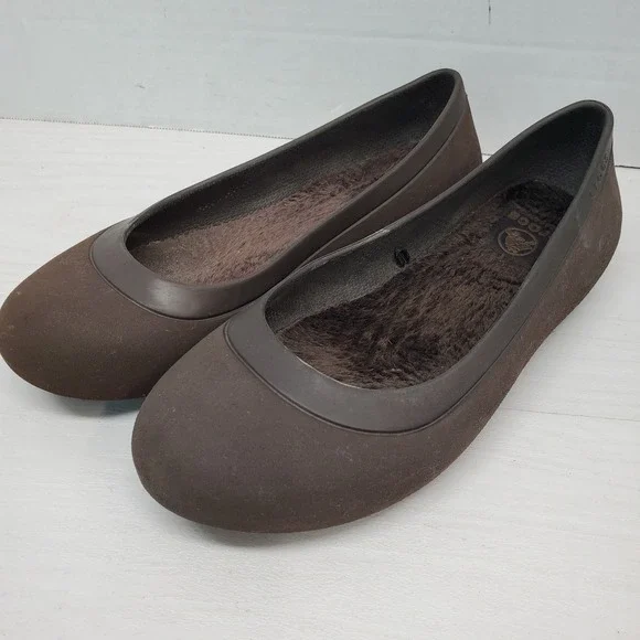 Crocs Women's Faux Fur Lined Ballet Flats Brown Comfort Shoes Size 7 W