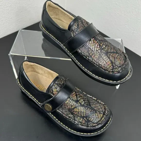 Alegria Women Black Metallic Leather Moc Toe Loafers Slip On Size 10 Preowned