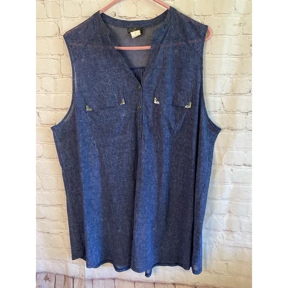 Women's Denim Look Sheer Blue‎ With Pockets Top Size 3XL