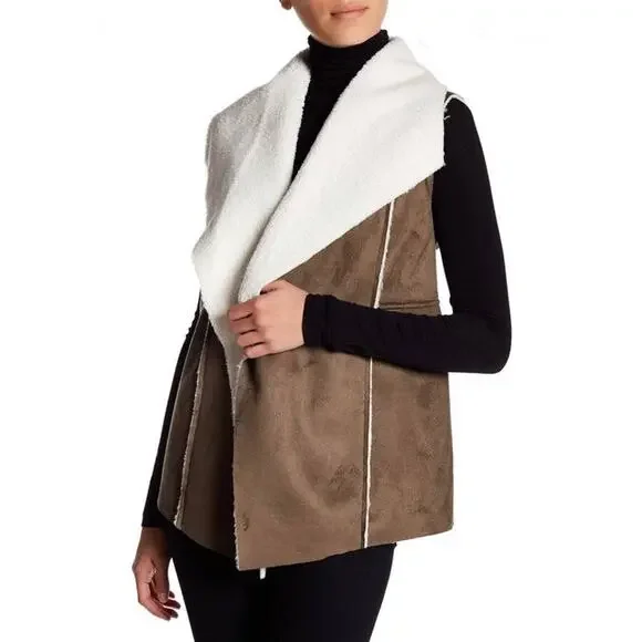 Susina Sherpa Lined Faux Suede Drape Vest Women’s Small Olive Brown‎