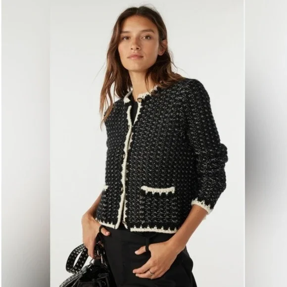Ba&sh Lady Jacket Black Boucle Contrast Trim Gold Button Cropped Blazer Size 1