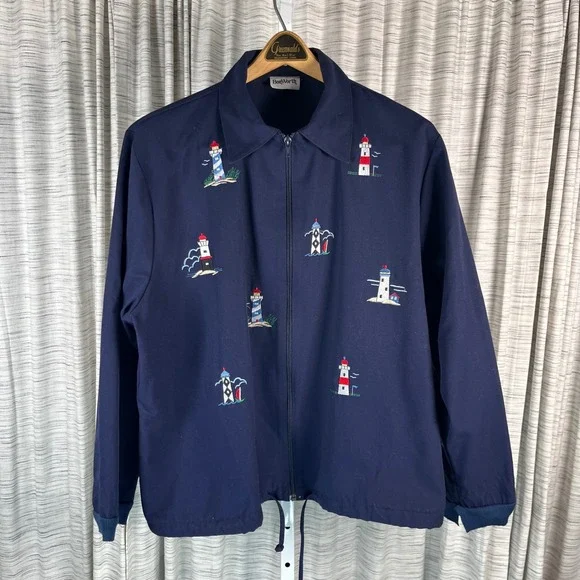 BonWorth Navy Blue Lighthouse Embroidered Zip Up Jacket Nautical Coastal