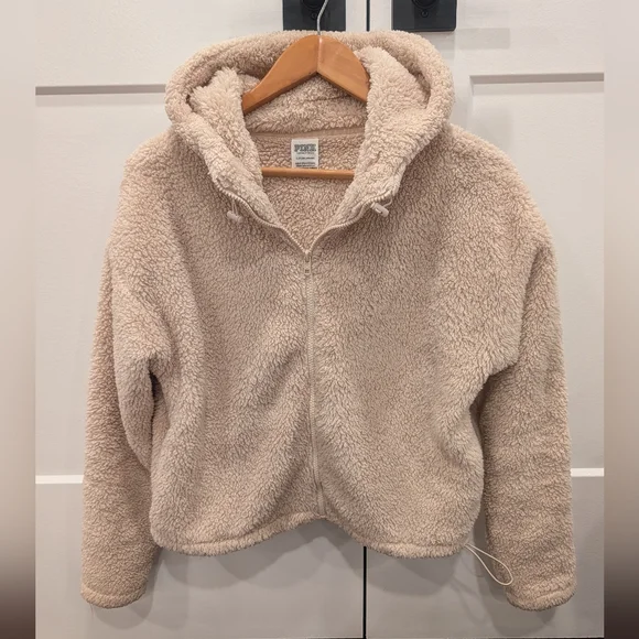 PINK Victoria's Secret Cream Sherpa Zip up Hooded Jacket Size Small