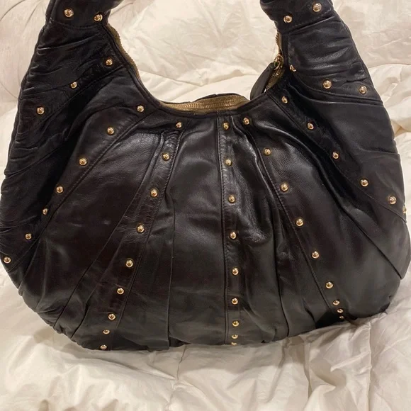 GOLDENBLEU black leather purse semi circular bag with gold tone studs all over