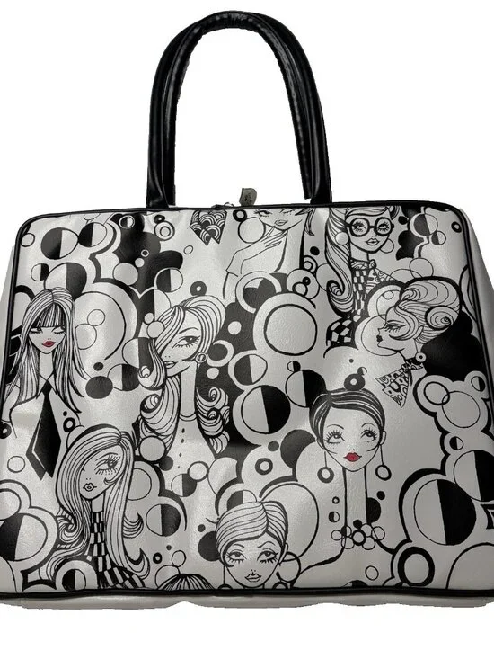 Miss Fluff Zip Laptop Tote Bag Black White Graphic Retro 60s Mod Double Handle