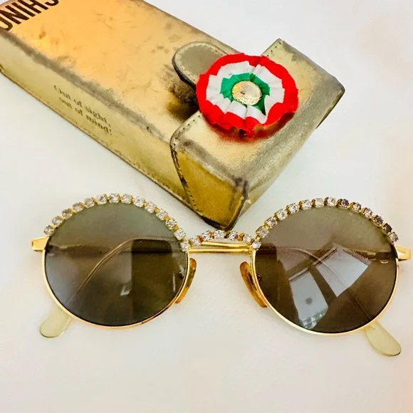 Rare Moschino Vintage Gold Round Rhinestone Sunglasses - Vintage Glam
