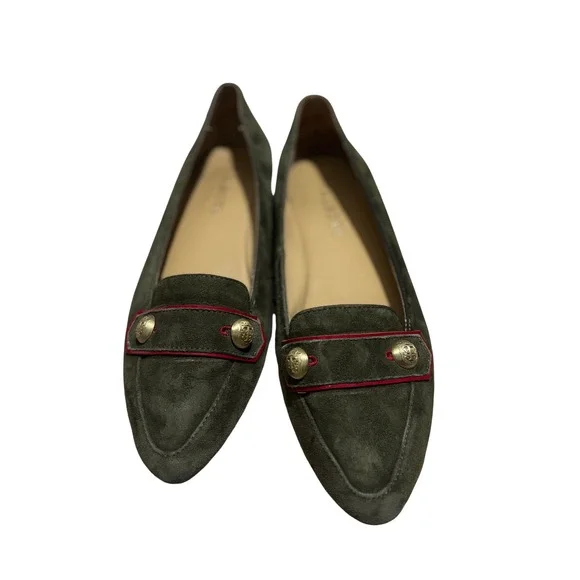 Talbots Womens Olive Green Suede Loafers Gold Crest Button Flats Red TrimSize 6M