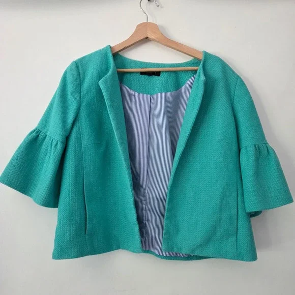Talbots Jacket Turquoise Tweed Bell Sleeve Open Front Womens Size 12
