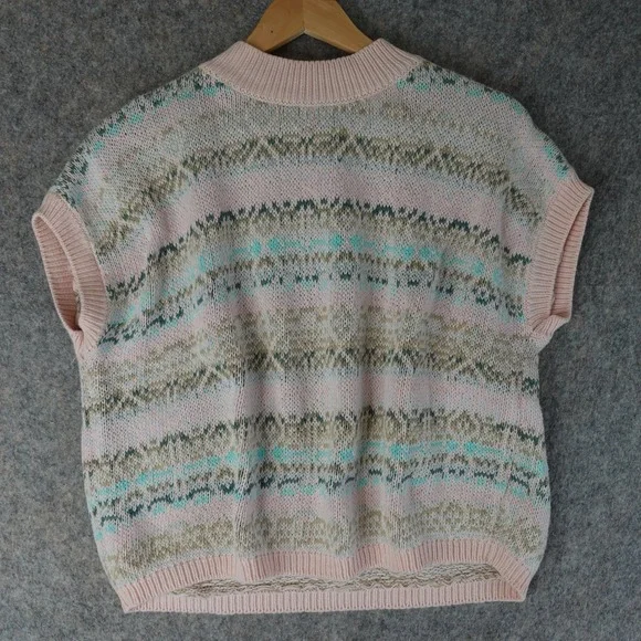 Vintage 90s Benetton Sweater Vest Womens L Pink Fair Isle Henley Knit Italy Prep
