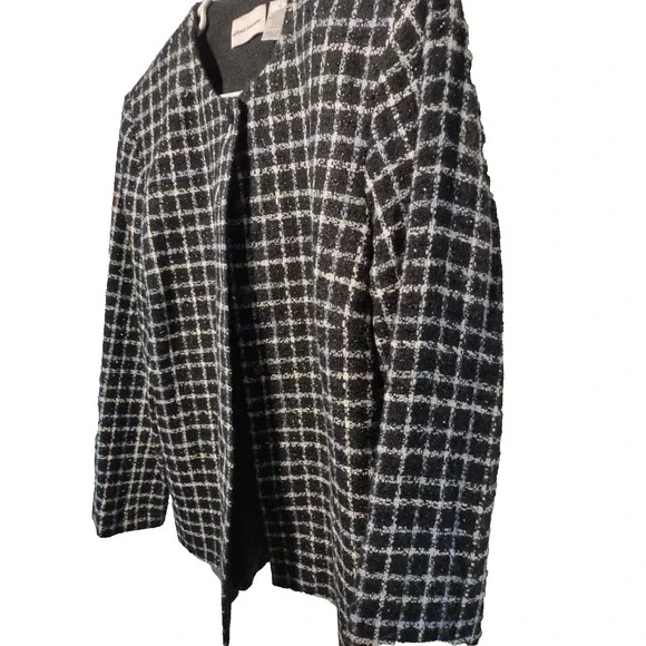 Alfred Dunner Womens Size 14 Black White Grid Plaid Button Front Blazer Jacket
