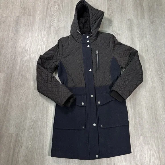 Lucky‎ Brand Women's Quilted Panel Hooded Coat Cinched Waistline M