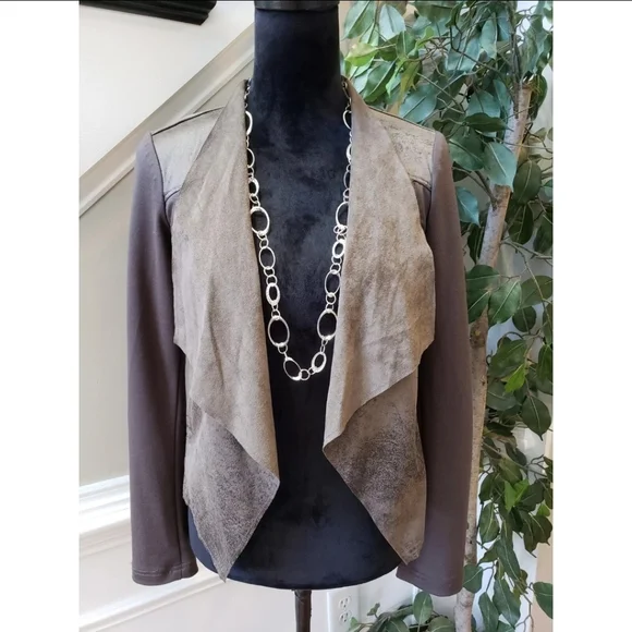 Edyson Vegan Leather Jacket Womens Size L Brown Stretch Long Sleeve Open Front