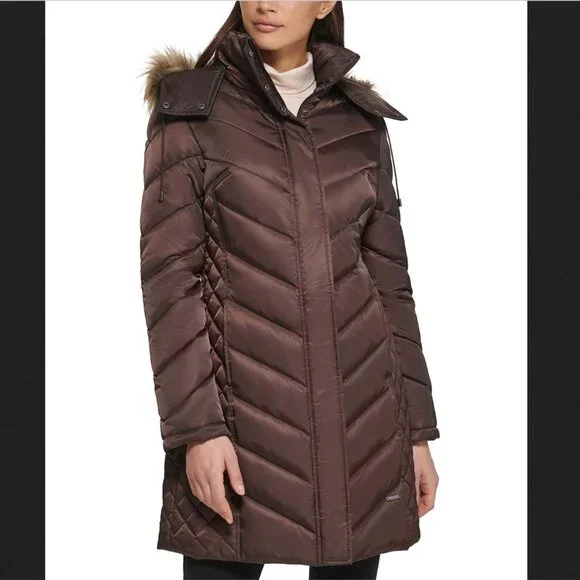 Kenneth Cole Long Line Puffer Coat in Dark Roast Brown‎ Sz XS No Hood