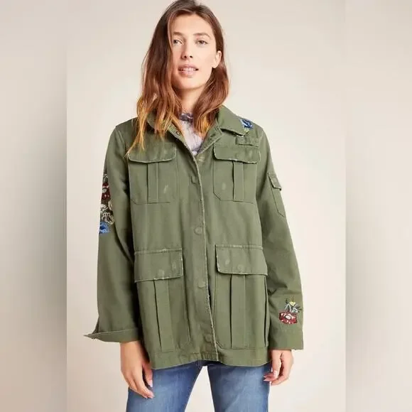 Anthropologie Dolan Payton Oversized Utility Jacket Military Floral Embroidered
