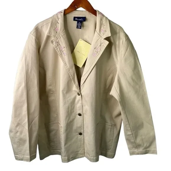 Denim&Co Floral Embroidered Jacket Blazer in Khaki Patch Pockets Stretch Denim