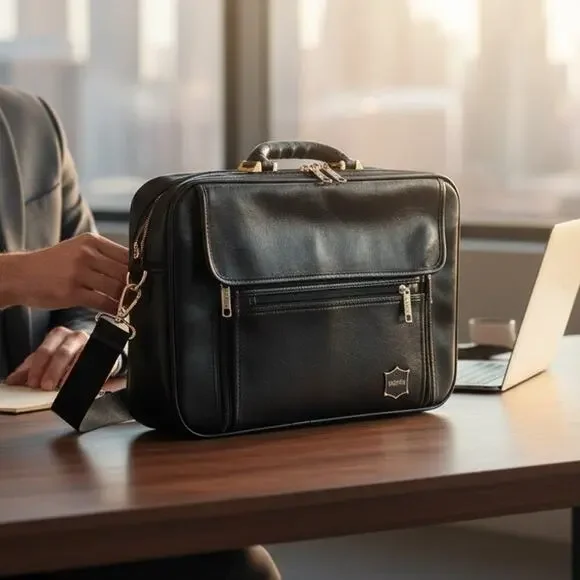 Vintage GOLDPFEIL Black Leatherette Faux Leather- Vinyl Construction Laptop Bag