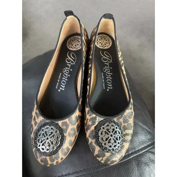 Brighton Aleta cheetah leather 9 silver logo flats Italy