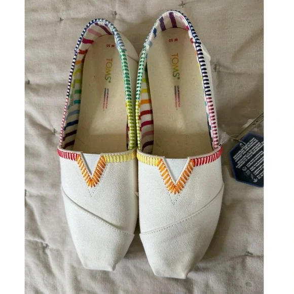 TOMS Alpargata White‎ Rainbow Embroidered Canvas Slip On 10 Shoes Sneaker