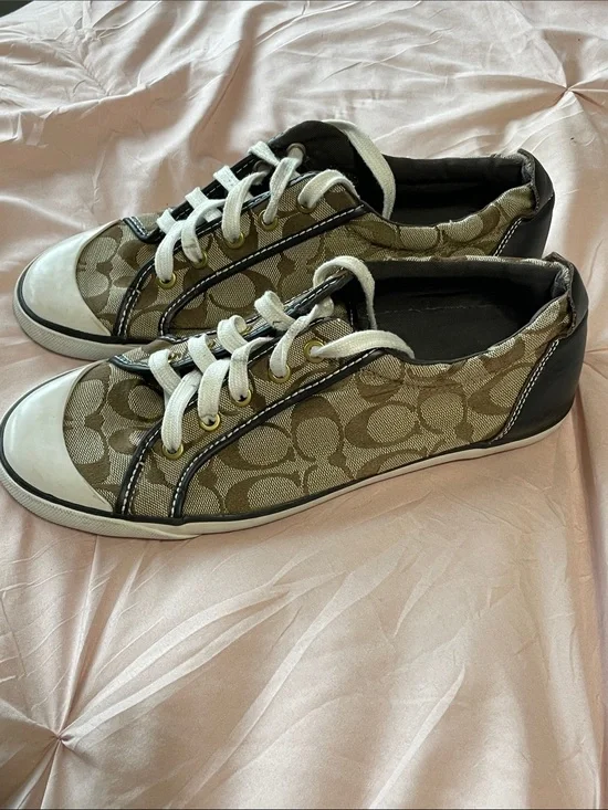 Coach Barrett Khaki Monogram Canvas Sneakers Leather Black Trim Size 10.5