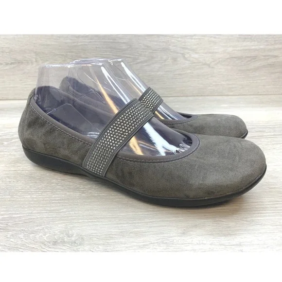 Vionic Fern Women's Gray Suede Rhinestone 8 Mary Jane Flats Shoes