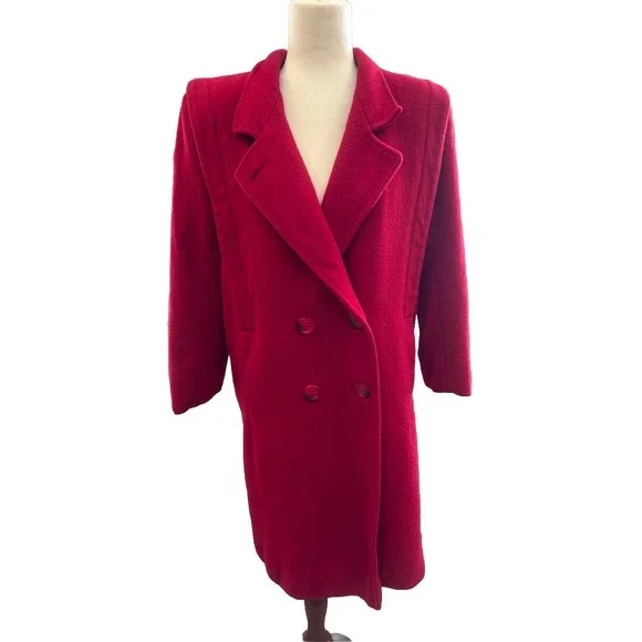 Vintage 80s Trench Pea Coat Cherry Red Boxy‎ Pleated Mid Wool Medium Petite
