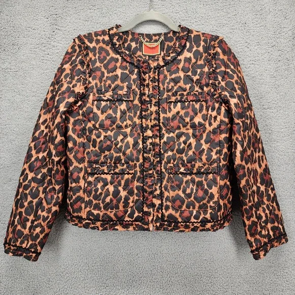 J.Crew Re-Imagined Quilted‎ Leopard Print Ruffle Trim Jacket Size 6 Animal Print