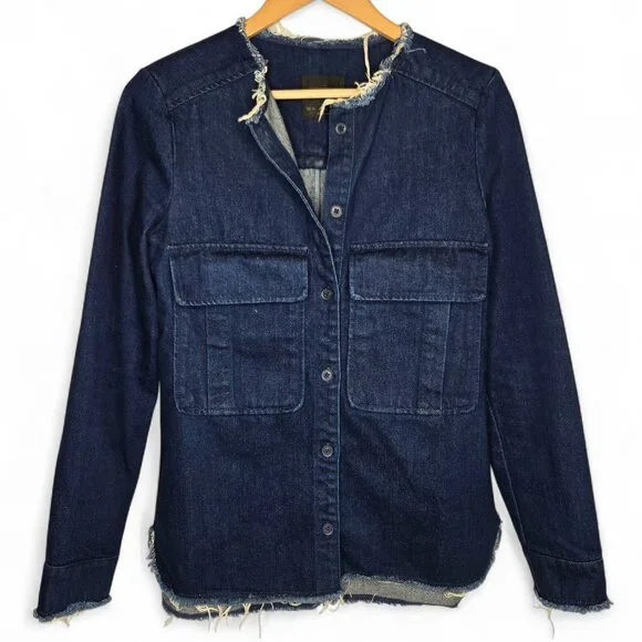 Zara Trafaluc Denim Cargo Jean Jacket Women's Raw Chunky Frayed Hem Buttons XS