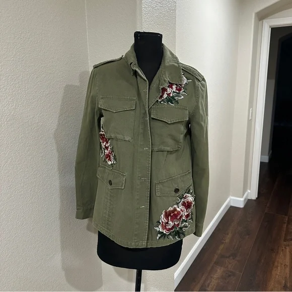 Love Riche Olive Utility Jacket with Floral Embroidery