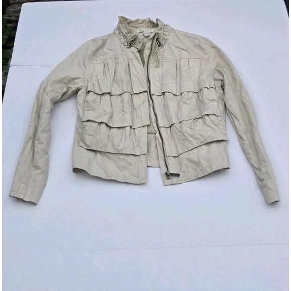 Kenneth Cole New York Womens Beige Utility Jacket Zip Front Ruffle Detail Size S