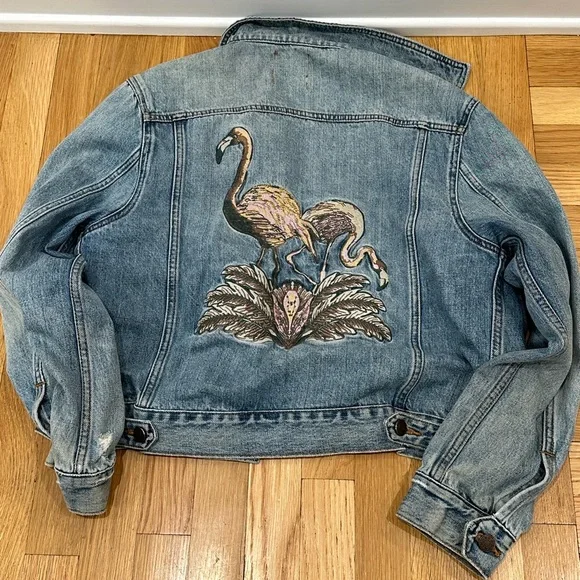 BDG Denim Jacket with Flamingo Embroidery Indie Boho Festival