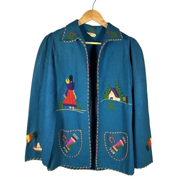 Vintage 1940s-1950s Lopez 100% Wool‎ Mexican Souvenir Jacket -Hand Embroidered