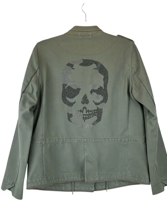 Zadig & Voltaire Vedam Bis Military Green Skull Cotton Utility Jacket Flaws Sz L