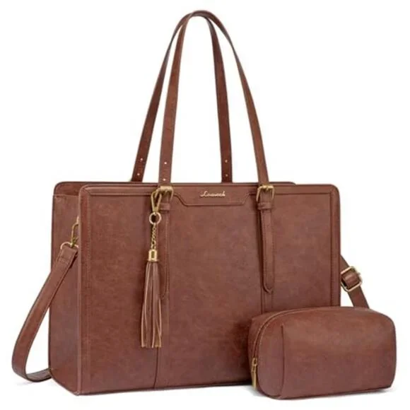 Laptop Tote Bag for Women,15.6 Inch Vintage Work Bag with Clutch,Large Leather