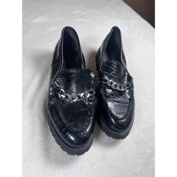 Jones New York Loafers Womens Size 8.5 Black Faux Croc Chain Lug Sole‎ Slip On