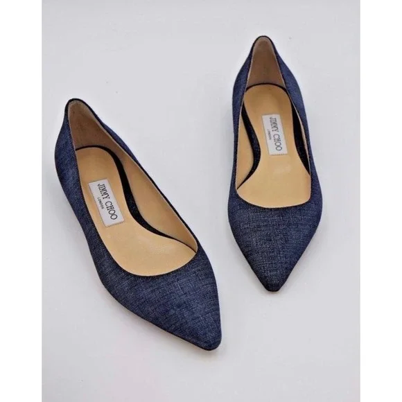 Jimmy Choo Romy Denim Blue Textured Pointed Toe Flats Made in Italy Sz 36 - FLAW