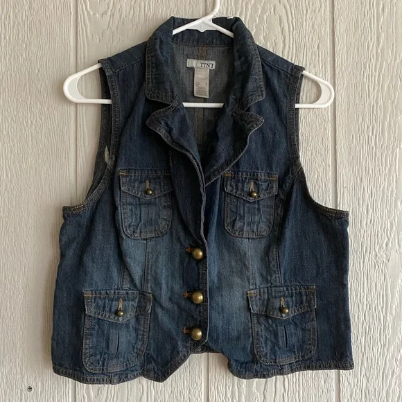 TINT Dark Wash Denim Jean MultiPocket Vest Western Boho Grunge Utility Classic L