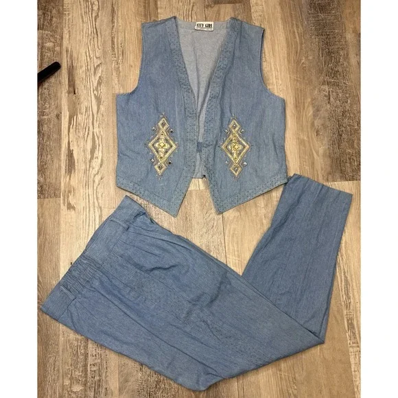 Vtg 2 Pc City Girl western Rockabilly Denim Pants Vest‎ Embellished Rhinestone M
