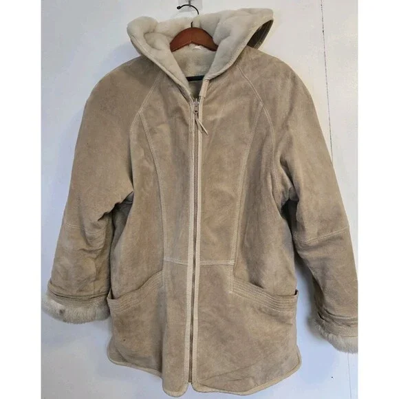 VTG Winlet‎ Leather Coat Jacket Womens M Faux Fur Lined Tan 80s Suede Leather