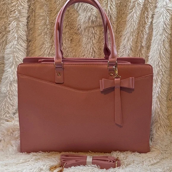 Rainsmore Waterproof Pink Laptop Bag/Brief Case Removable strap and Bow Tag