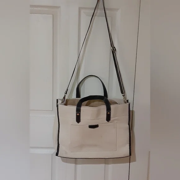 Missnine canvas laptop tote bag, cream and black