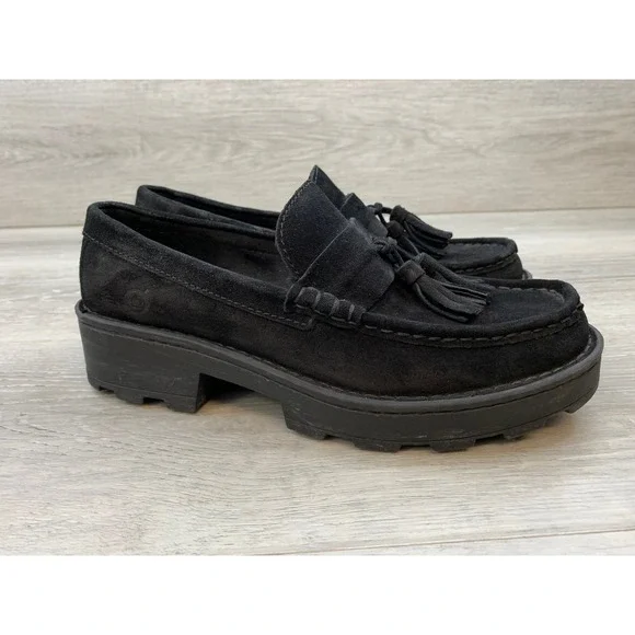 Born Women's Black Suede Tassel Loafers Lug Sole Platform Moc Toe Shoes 6 Shoes