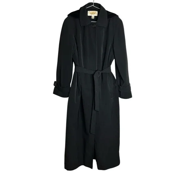 VTG Talbots Long Trench Coat Hooded Black Size 8 Zip Out Lining Bossgirl Career