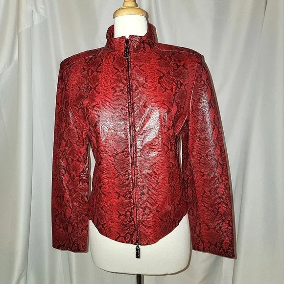 Siena Studio Red Snakeskin Paterned Leather Jacket Size Medium