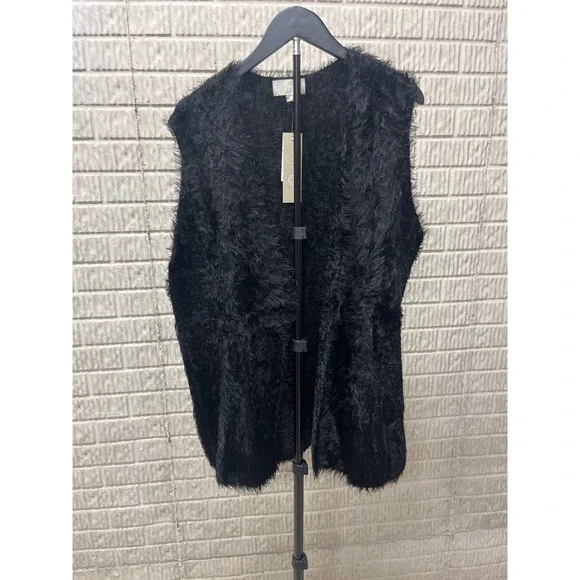 Joan Vass New York Womens 2X‎ Black Eyelash Knit Shaggy Open Front Vest NWT