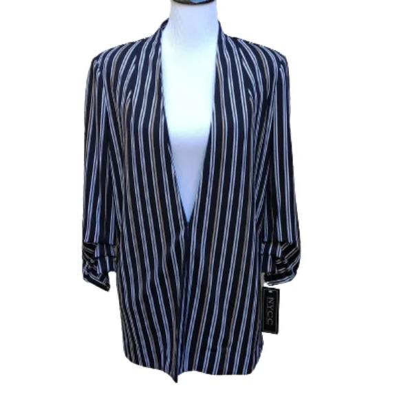 NYCC Black Striped Blazer 3/4 Ruched Sleeves NWT Hook Closure