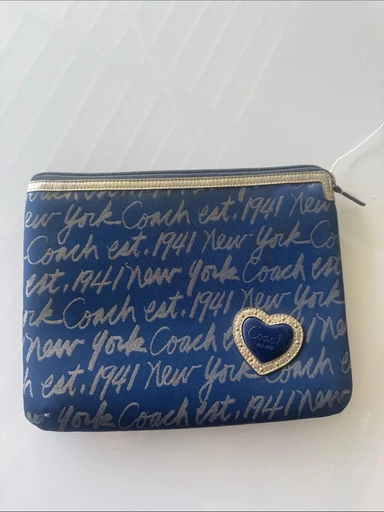 Coach Navy Script Signature padded clutch or iPad bag with Gold Heart Trim