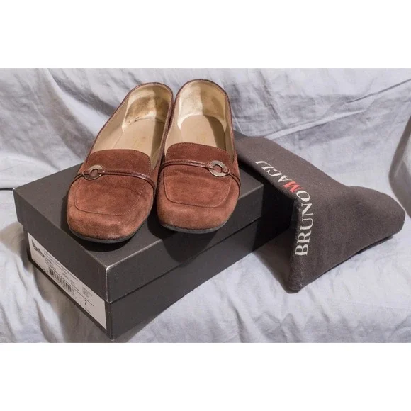 Bruno Magli Cimbali Loafers Womens 7 Mahogany Brown Suede Square Toe Italy