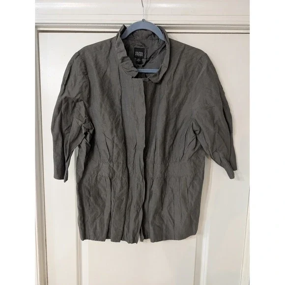 Eileen Fisher Womens Gray Metallic Crinkle Funnel Neck Snap Jacket Size L