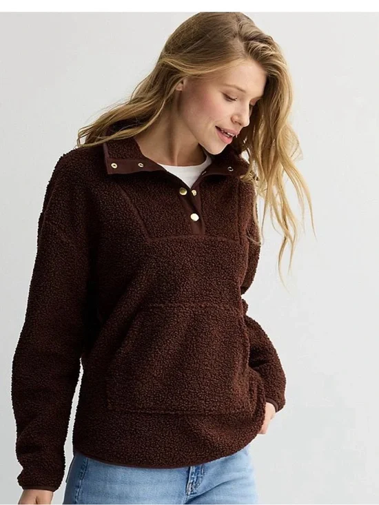 NWT Faux Sherling Sonoma Dark Brown Teddy Snap-Front Pullover Jacket