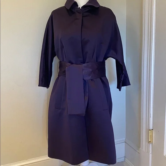 NWT Simply Vera Wang trench coat deep purple satin wide sash Sz XS